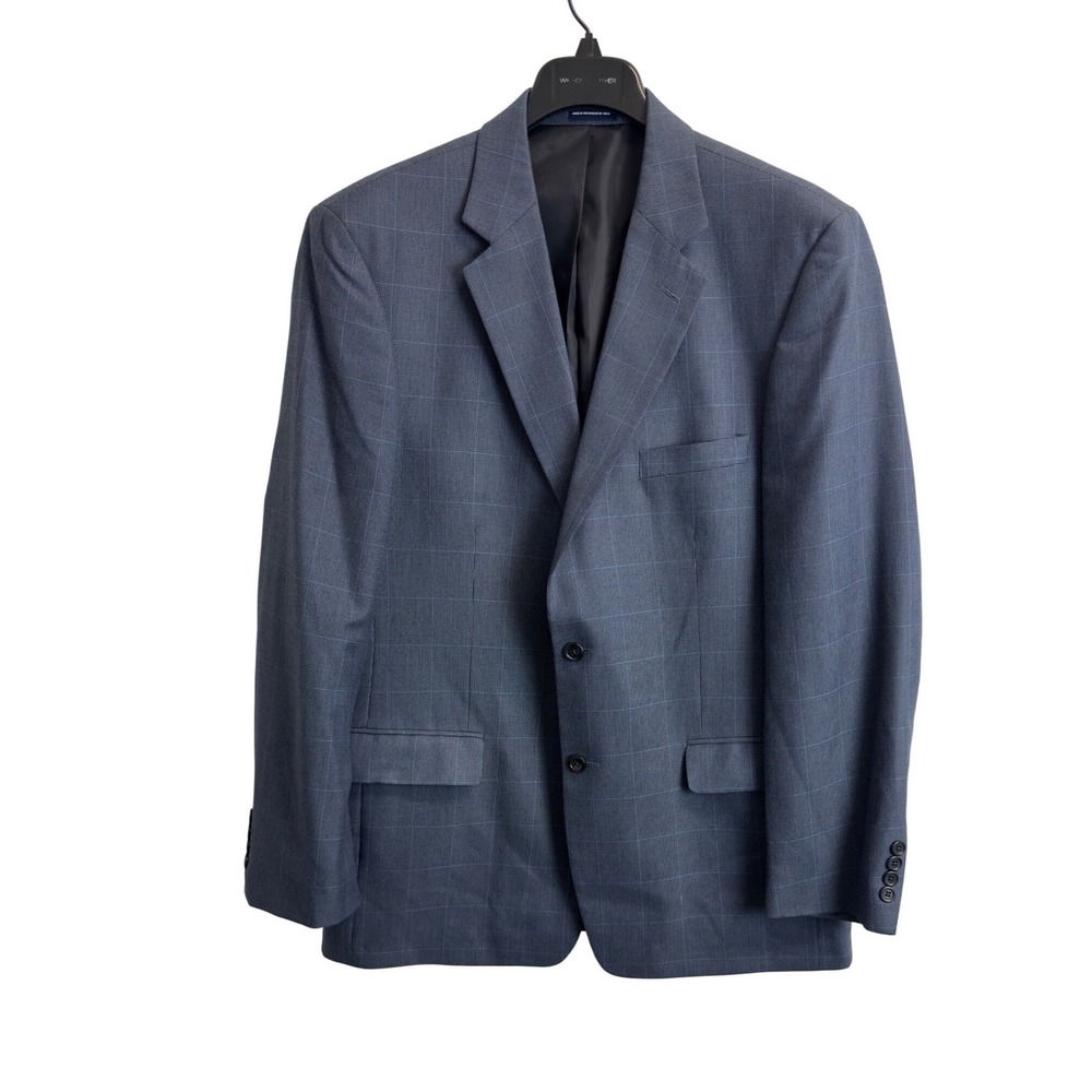 Stafford Essentials Mens 44L Classic‎ Fit Blue Windowpane Blazer Jacket